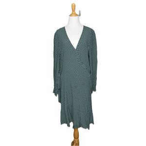 LOFT Green White Polka Dot Long Sleeve Short Ruffled Bottom Wrap Dress Size 14